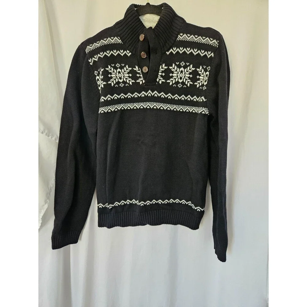 Chaps Sweater Boys XL 18/20 Black‎ Mock Neck Fair Isle Sherpa Collar
